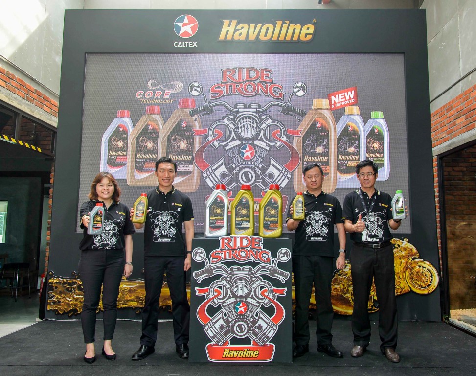 Lauching the new range of Caltex Havoline motorcycle oils: (from left) Chevron Lubricants regional technology specialist (Asia Pacific) Lim Jing Jing, regional marketing manager (Asia Pacific) Lennard Kwek, sales manager (Indonesia, Malaysia and Singapore) Soegeng Rahardjo and Chevron Malaysia Ltd channel sales manager Leslie Chong.