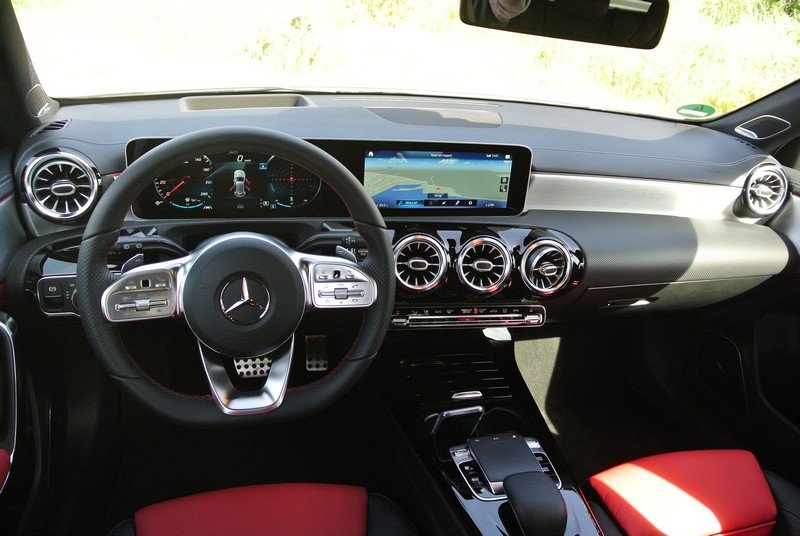 Red and black leather interior and seat trimming adorn the inside of the A 250 AM G Line.