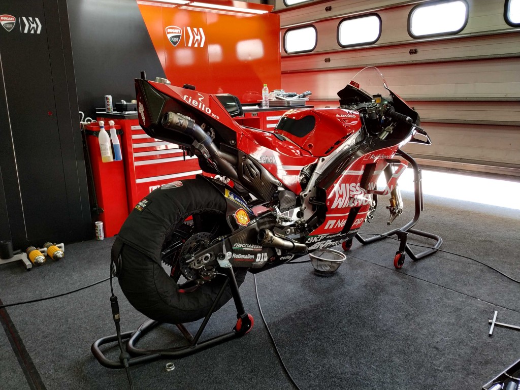 The captivating brand new Desmosedici GP19 bike at the team’s garage pit, which will be used by Andrea Dovizioso and Danilo Petrucci during the 2019 MotoGP.