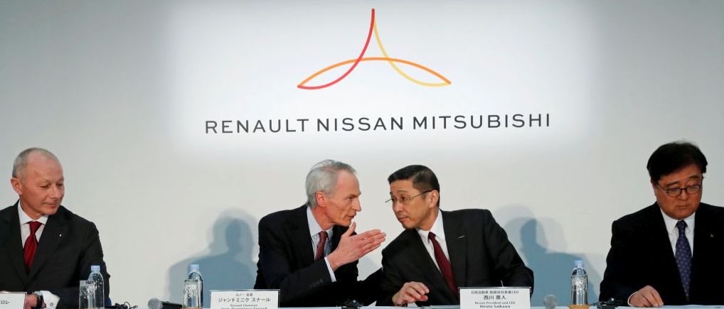 Renault CEO Thierry Bollore, Renault chairman Jean-Dominique Senard, Nissan CEO Hiroto Saikawa, Mitsubishi Motors chairman and CEO Osamu Masuko attend a joint news conference in Yokohama today. — Reuters