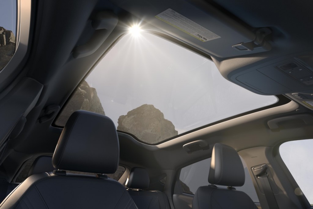 The Mustang Mach-E's available panoramic glass roof has a secret: a special coating on the glass with UV protection helps the interior stay cooler in the summer and warmer in the winter.