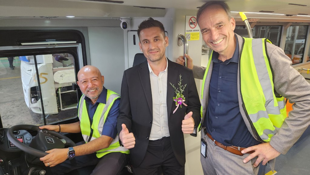 From left: Syed Azhar, MAN Malaysia head of bus Anvar Karimov and Appelt inside the new MAN bus.   